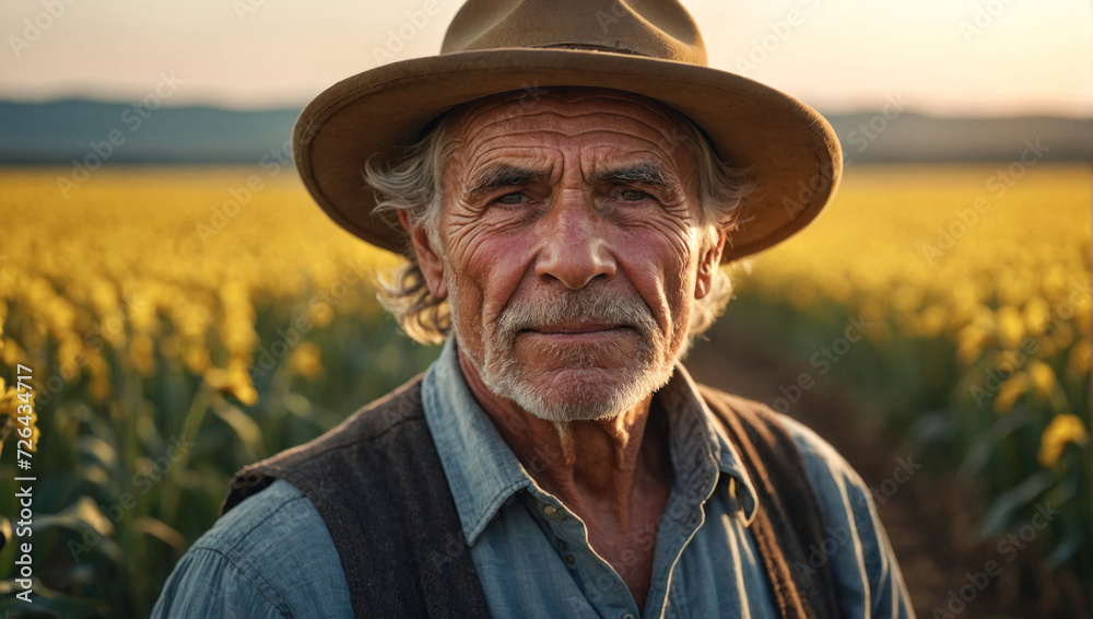 Elderly farmer face portrait, blurred yellow agriculture field background