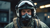 Fighter jet pilot looks at the camera. Military aircraft pilot face portrait with oxygen mask