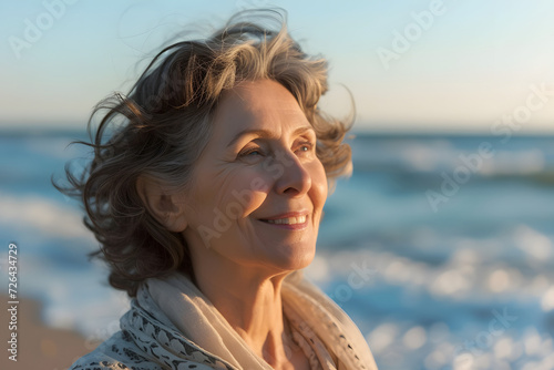 smiling mature woman at the beach  healthy natural lifeystyle