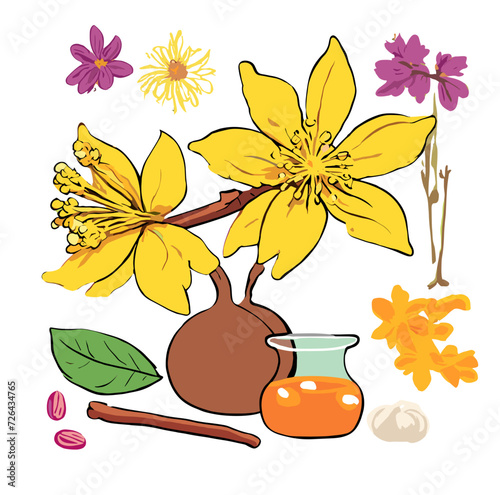 still life with flowers and leaves