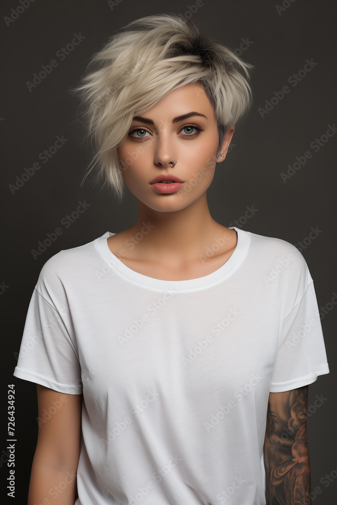 white oversized t-shirt . Mock-up. Clothing, design, style, fashion and advertising. Portrait of unrecognisable slim hipster girl tattooed arms  white t-shirt