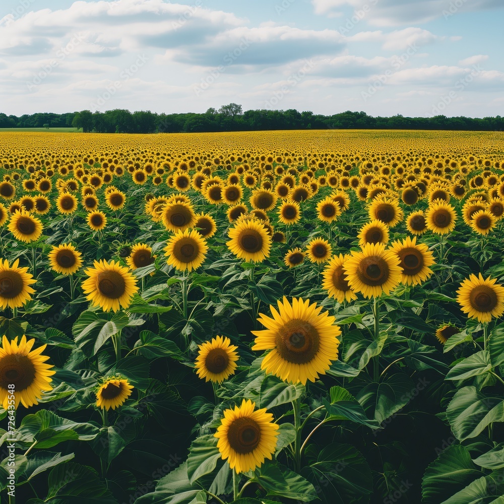 Fototapeta premium Field of yellow sunflowers in summer