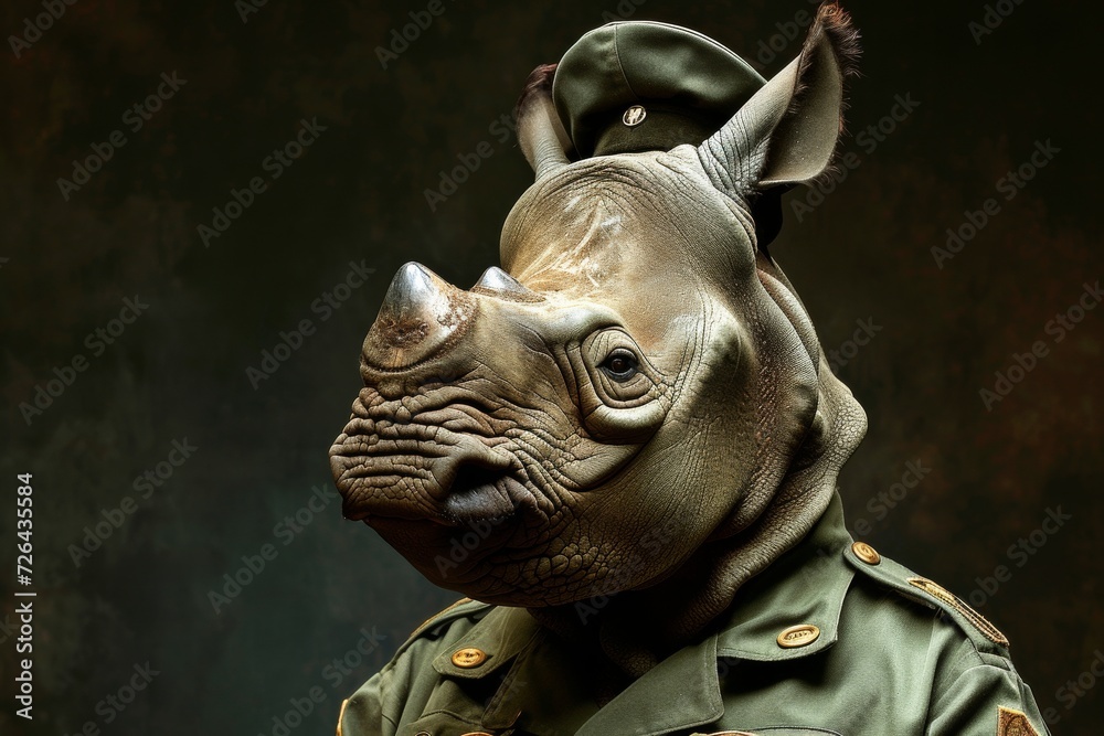A commanding presence, a rhinoceros in a military uniform stands tall and proud as a striking sculpture of strength and power in the world of art A commanding presence, a rhinoceros in a military uniform stands tall and proud as a striking sculpture of strength and power in the world of art