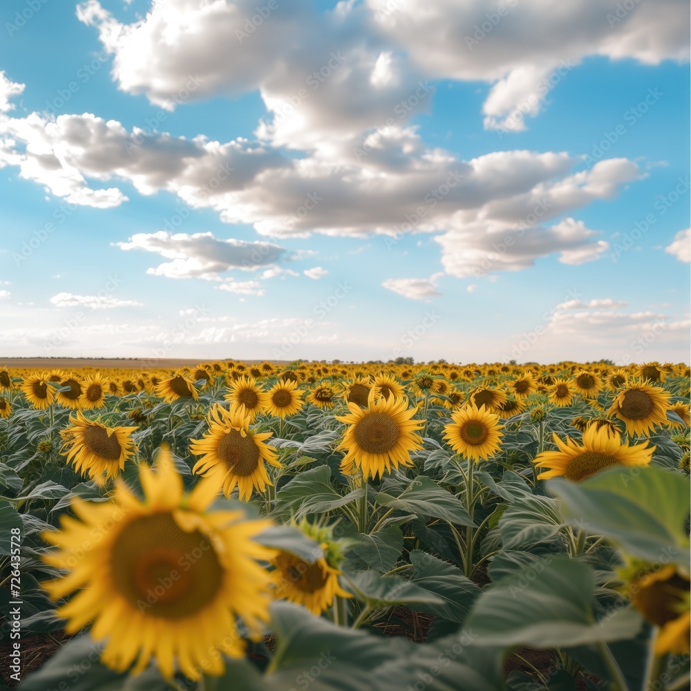 Fototapeta premium Field of yellow sunflowers in summer