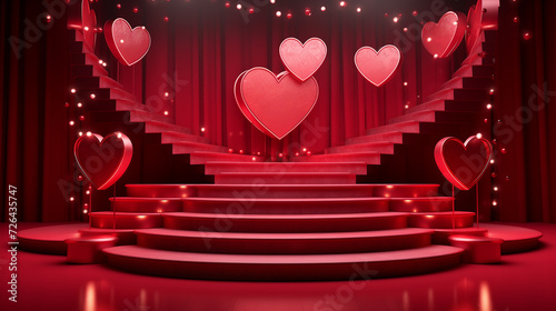 A red pedestal stand with steps to demonstrate your own love from the heart. a declaration of love against the backdrop of scarlet hearts. Product or Jewelry Display.