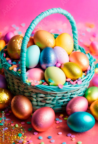 Basket with Easter eggs. Selective focus.