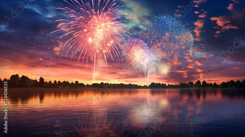 Fireworks over the lake in the evening sky, beautiful sky and fireworks background wallpaper, celebration concept