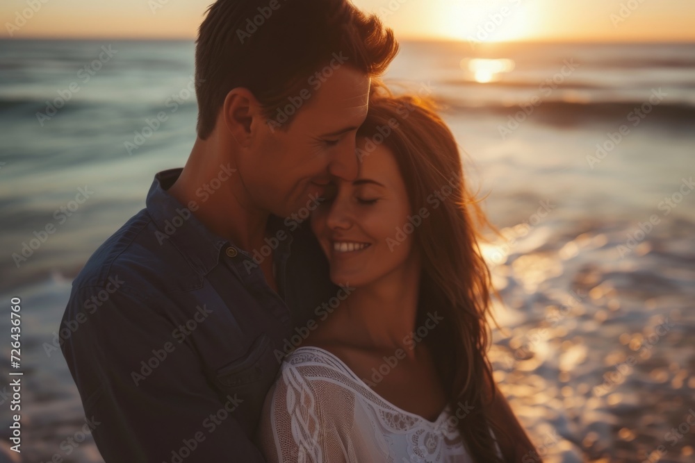 A couple embraces in a tender kiss on the sandy beach, surrounded by the calming waters and picturesque sunset, showcasing their deep love and connection on their romantic honeymoon getaway