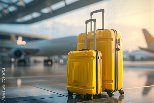 Travel concept image featuring suitcases and travel bags arranged in an airport, with an airplane visible in the background. This scene shows the excitement and anticipation of embarking on a journey.