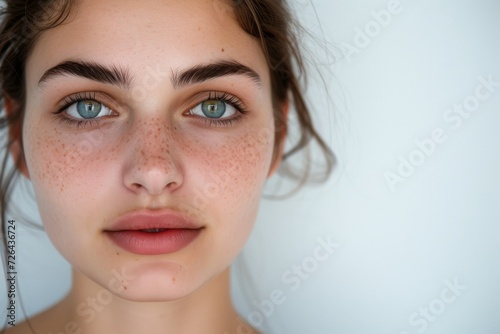 A striking portrait of a woman's face, highlighted by her expressive eyes, defined eyebrows, and bold makeup, captures the beauty and complexity of the human form