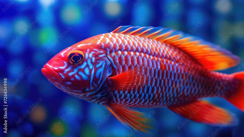 A Vibrant Red Blue Fish in Deep Blue Waters - Generative AI