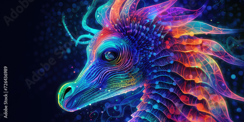 Close-up of a Live Neon Seahorse in Abstract Art - Generative AI