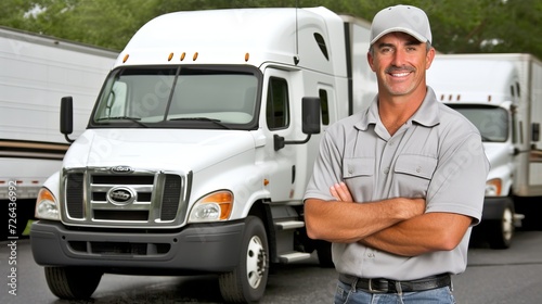 Professional truck driver standing near his vehicle with blurred background, copy space available