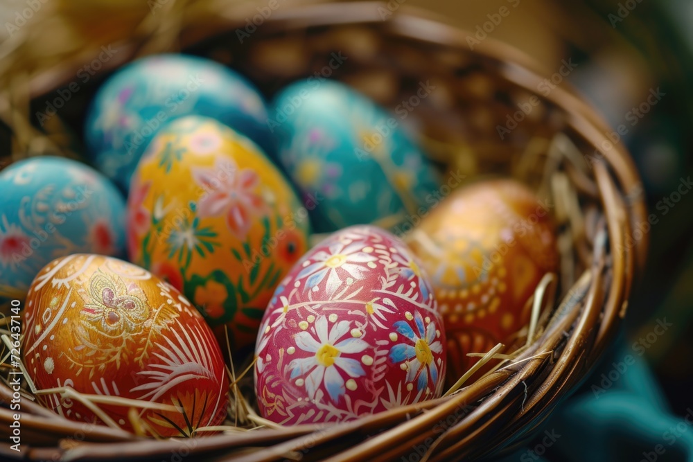 Colorful painted Easter eggs arranged neatly in a basket. Perfect for Easter decorations and festive celebrations Colorful painted Easter eggs arranged neatly in a basket. Perfect for Easter decorations and festive celebrations