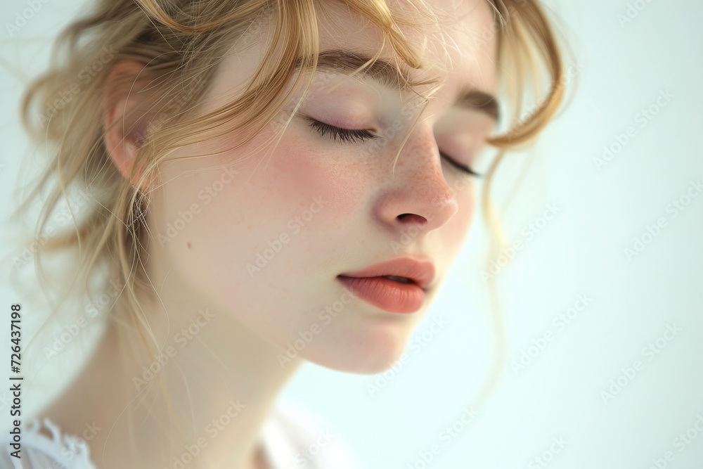 A woman's closed eyes reveal the intricacy of her long eyelashes, complementing her bold lipstick and edgy body piercings, while her serene expression exudes confidence and inner beauty in this close A woman's closed eyes reveal the intricacy of her long eyelashes, complementing her bold lipstick and edgy body piercings, while her serene expression exudes confidence and inner beauty in this close