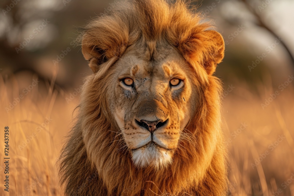 Obraz premium A majestic masai lion stands tall in the brown grass of the savannah, its powerful snout and luxurious fur blending into the wild landscape of its outdoor habitat