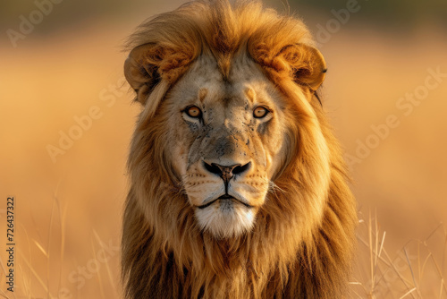 A majestic masai lion stands tall in the african savannah  gazing confidently into the camera with its rich brown fur and powerful snout  embodying the wild beauty and strength of terrestrial big cat