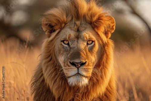 A majestic masai lion stands tall in the brown grass of the savannah, its powerful snout and luxurious fur blending into the wild landscape of its outdoor habitat