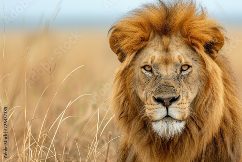 A majestic masai lion stands tall in a field of golden grass, its powerful snout and luxurious fur embodying the essence of the wild © ChaoticMind