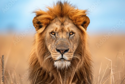 A majestic masai lion stands tall in the grassy field, its luxurious mane flowing in the wind, exuding power and grace as a true king of the animal kingdom © ChaoticMind
