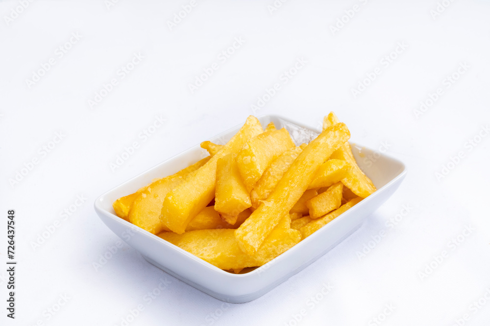 Top view of french fries isolated on white background. Top view of french fries isolated on white background.