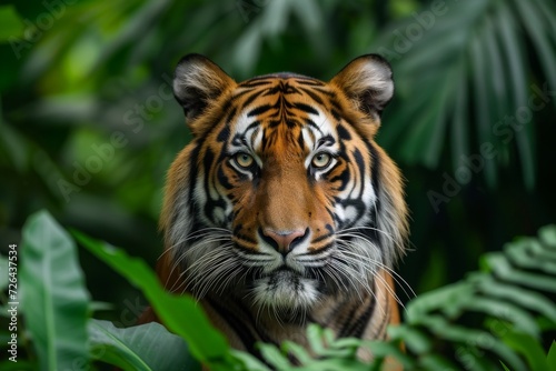 A majestic bengal tiger prowls through the lush jungle, its powerful presence blending seamlessly with the wild foliage and towering trees © ChaoticMind
