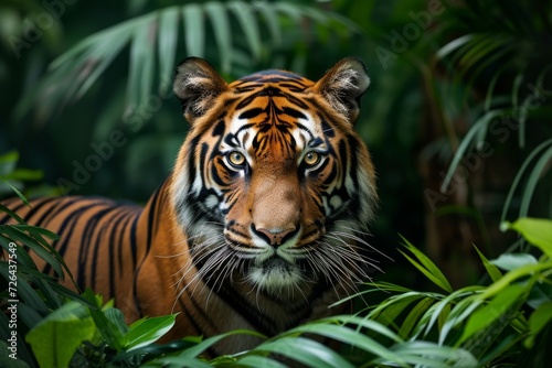 Amidst the lush green foliage of the jungle, a majestic bengal tiger prowls gracefully, showcasing the raw power and untamed beauty of this magnificent terrestrial animal