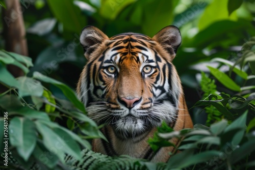 A majestic bengal tiger prowls through the lush jungle, its powerful snout and sleek coat blending seamlessly with the surrounding foliage as it roams freely in its natural habitat © ChaoticMind