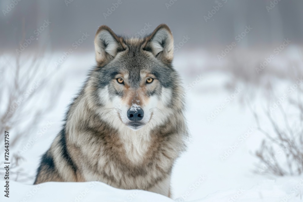 A majestic wolfdog, resembling a mix of a coyote and a red wolf, stands stoically in the freezing winter snow, surrounded by the peaceful outdoor landscape of the arctic, showcasing the beauty and re