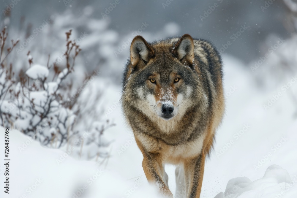 A majestic red wolf braves the freezing winter as it stands tall in the snowy wilderness, a fierce and wild creature embodying the spirit of nature