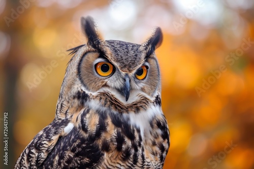 A majestic screech owl with fiery orange eyes perches on a branch, blending seamlessly into the outdoor wilderness as it observes the world with keen, wild curiosity © ChaoticMind