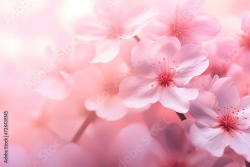 Blurred pink petals on pastel background of blooming cherry tree,