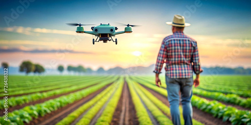 Farmer walking in the green field with a drone
