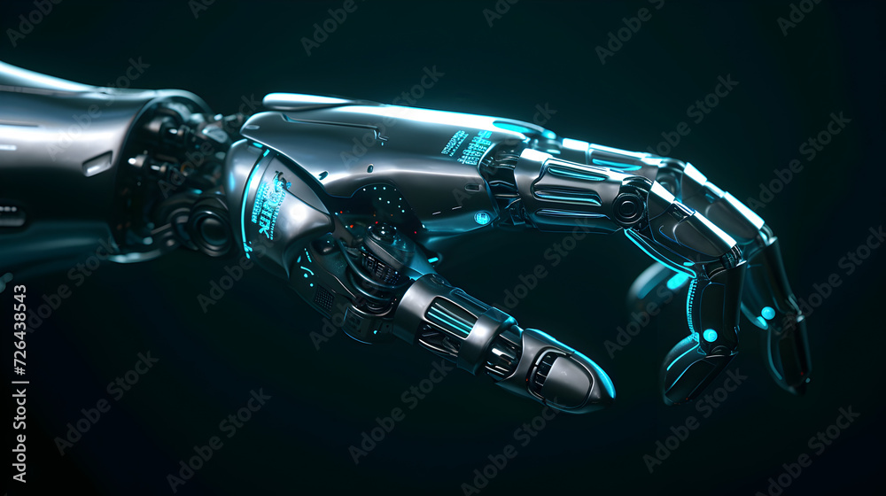 Develop a futuristic 3D render showcasing a sleek robotic digital hand against a dark background, symbolizing advanced technology. Develop a futuristic 3D render showcasing a sleek robotic digital hand against a dark background, symbolizing advanced technology.