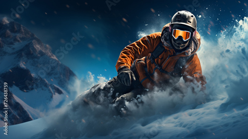 A Snowboarder in a Vibrant Orange Jacket Carves a Path through Fresh Mountain Powder Snow, set against a Majestic Alpine Backdrop