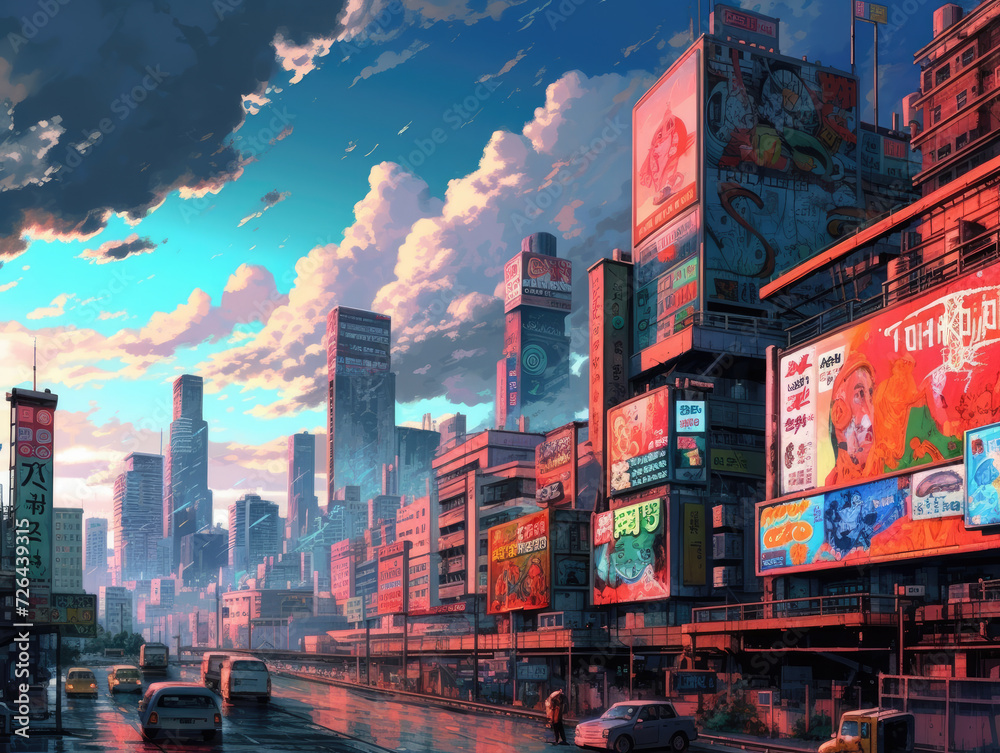 Sunset Over a Bustling Cityscape with Neon Billboards - Generative AI