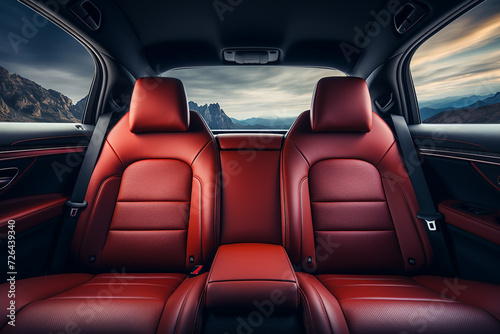Modern car interior. Leather red seats. Interior of a modern car. © Creative