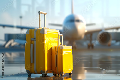 Travel concept image featuring suitcases and travel bags arranged in an airport, with an airplane visible in the background. This scene shows the excitement and anticipation of embarking on a journey.