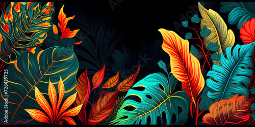 Floral colourful pattern. Foliage ornament. Exotic plants and flowers background, illustration, banner. Generative AI.