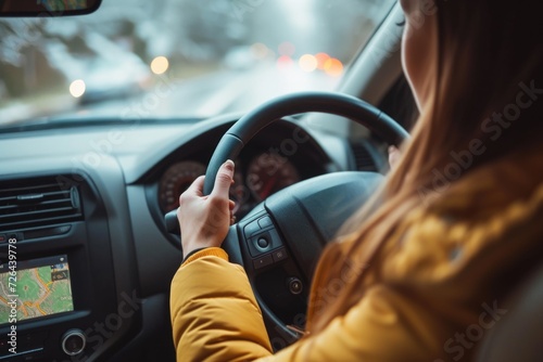 A woman is pictured driving a car while wearing a yellow jacket. This image can be used to depict independence, travel, or commuting