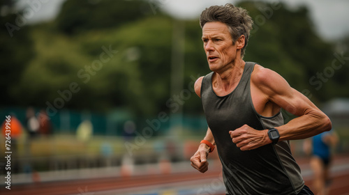 a middle age man wearing a black tank top is running on a track, generative ai