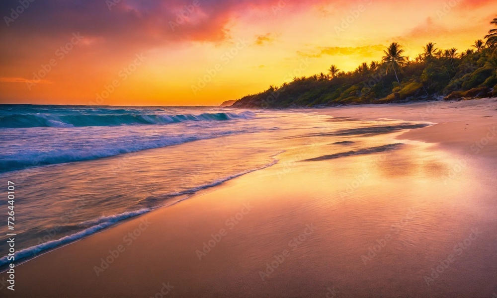 Beautiful tropical sunset scenery White sand, sea view with horizon, colorful twilight sky, calmness and relaxation.