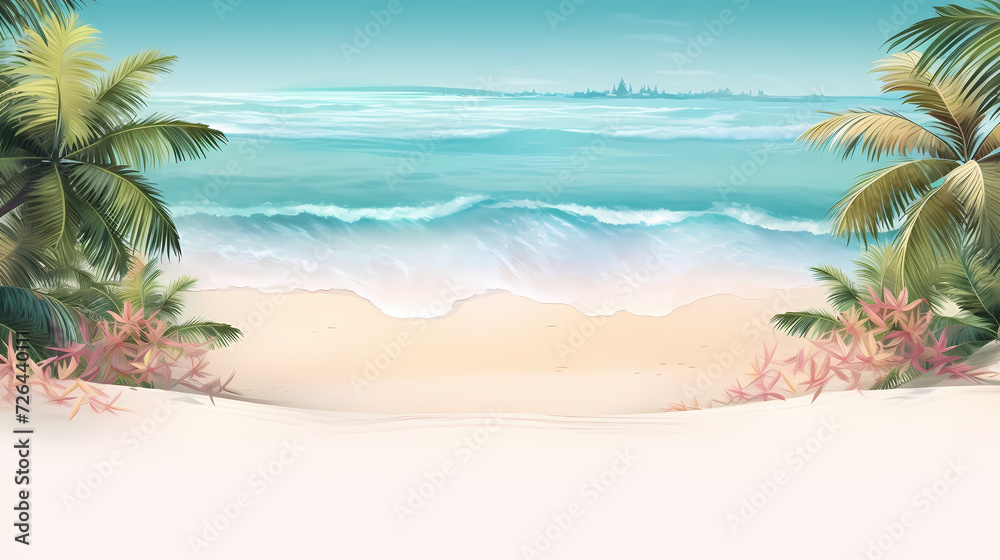 Sandy beach with light blue transparent water waves and sunlight, tranquil aerial beach scene Sandy beach with light blue transparent water waves and sunlight, tranquil aerial beach scene