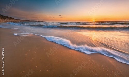 Beautiful tropical sunset scenery White sand, sea view with horizon, colorful twilight sky, calmness and relaxation.