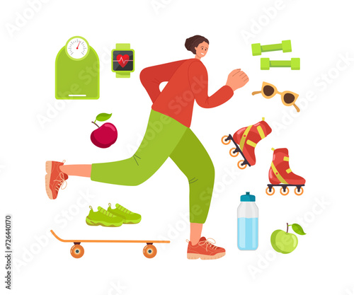 Overweight woman goes sports. Girl with sportswear running. Set of sports equipment. Healthy Active Freedom lifestyle. Colored vector illustration isolated on white background. Weight loss.