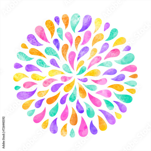 Watercolour colorful drops circle shape, round creative abstract background. Radial colourful hand drawn illustration made of watercolor droplets, paint splashes. Text frame aquarelle template
