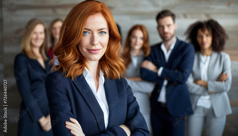 Smiling business woman leader standing in office at team meeting, business woman standing in office with work colleagues. Confident woman in formal wear stands at her workplace.. Smiling business woman leader standing in office at team meeting, business woman standing in office with work colleagues. Confident woman in formal wear stands at her workplace..