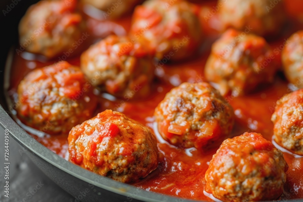 A pan filled with meatballs covered in sauce. Great for recipes or food blogs A pan filled with meatballs covered in sauce. Great for recipes or food blogs