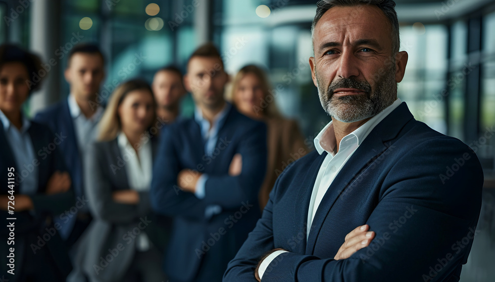 Smiling business man leader standing in office at team meeting, business woman standing in office with work colleagues. Confident man in formal wear stands at her workplace Smiling business man leader standing in office at team meeting, business woman standing in office with work colleagues. Confident man in formal wear stands at her workplace