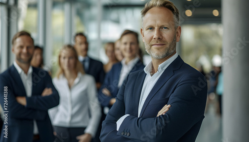 Smiling business man leader standing in office at team meeting, business woman standing in office with work colleagues. Confident man in formal wear stands at her workplace